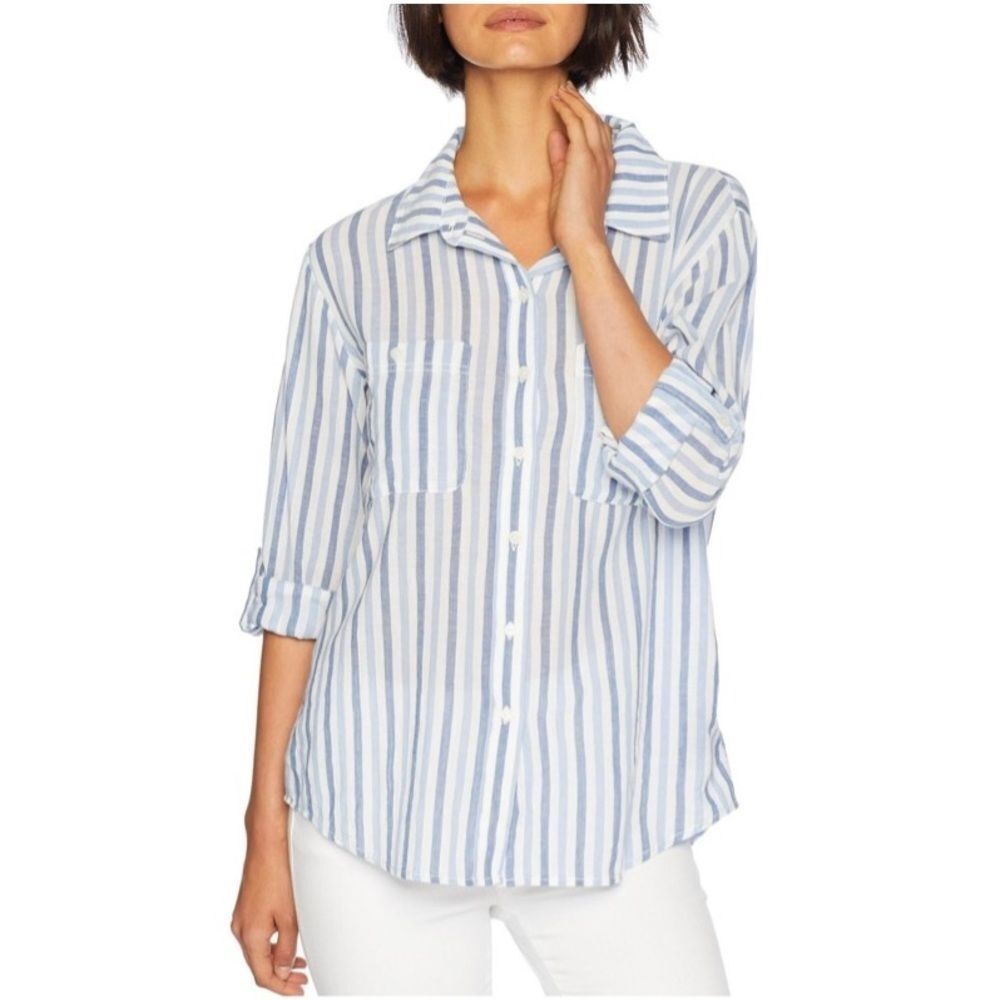 NWOT Sanctuary Clothing Button Down Boyfriend Shirt White/Blue Stripes Sz XS